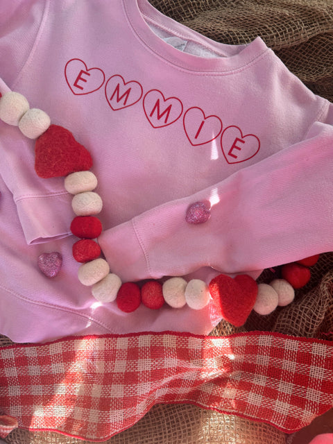 CUSTOM Heart Name Sweatshirt / red on pink