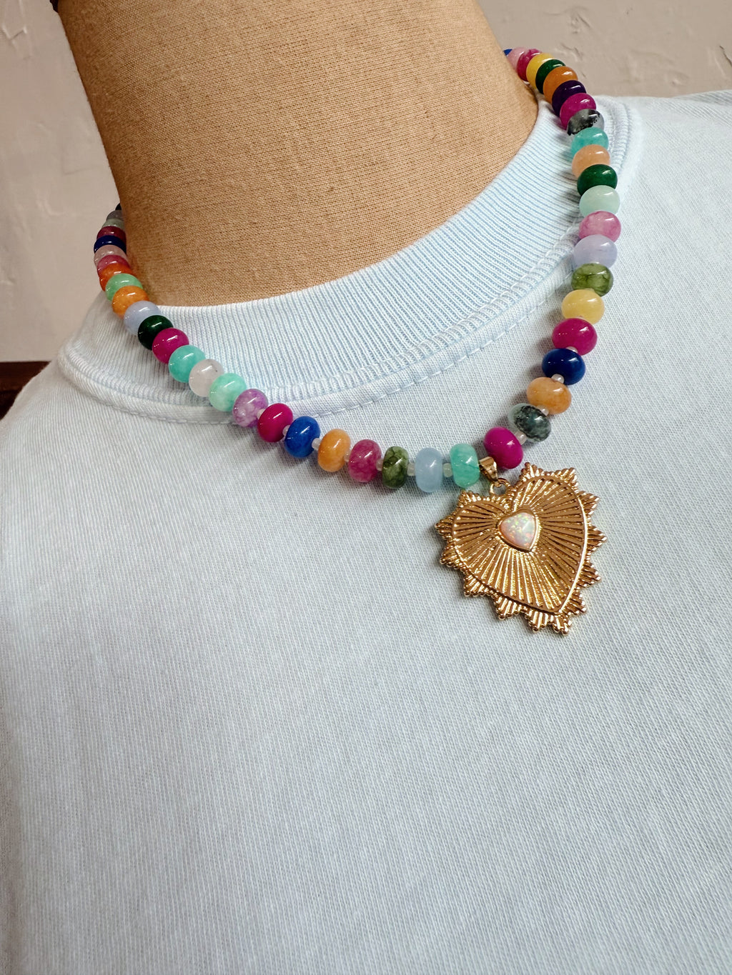 Hand Beaded //  Multi Color Beads with Heart Charm